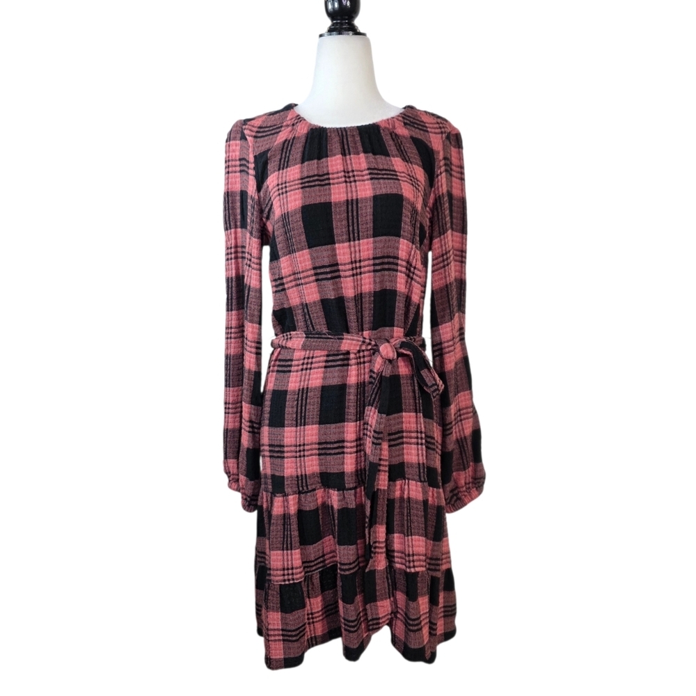 Anthropologie Cloth & Stone gauzy Plaid puff Long Sleeve tie front Dress